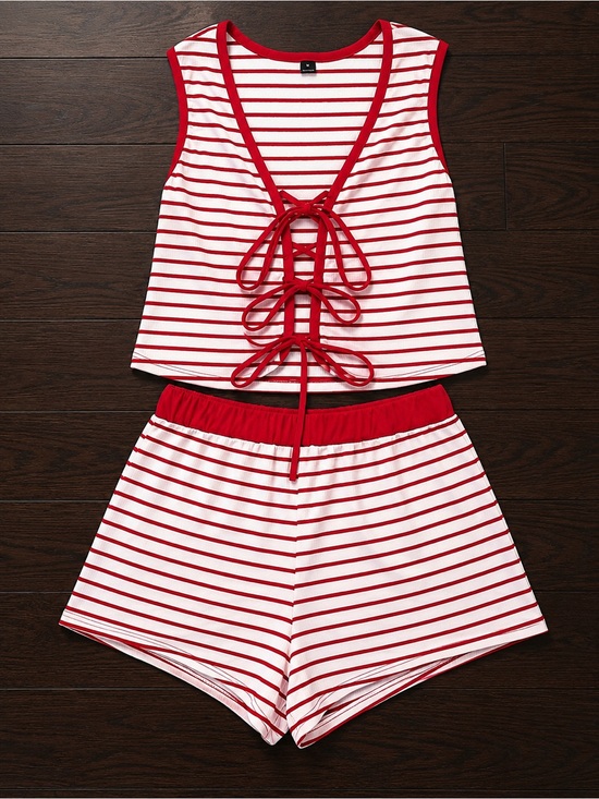 Tops - Red & White Striped Lounge Set | Tie-Front Crop Top | Comfy Summer Two-Piece Set